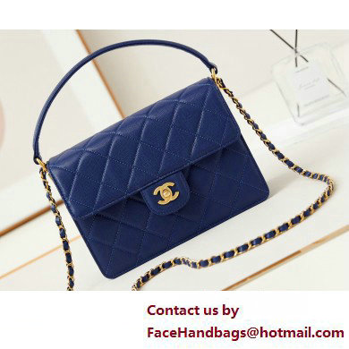 Chanel Grained Calfskin & Gold-Tone Metal Flap Bag with Top Handle Blue 2025 - Click Image to Close